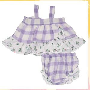 Lavender Rose Gingham Wrap Ruffle
Top, Sun Hat & Ruffle Leg Diaper Cover